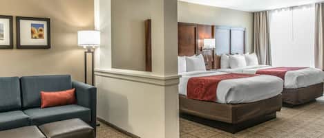 Desk, laptop workspace, blackout drapes, iron/ironing board