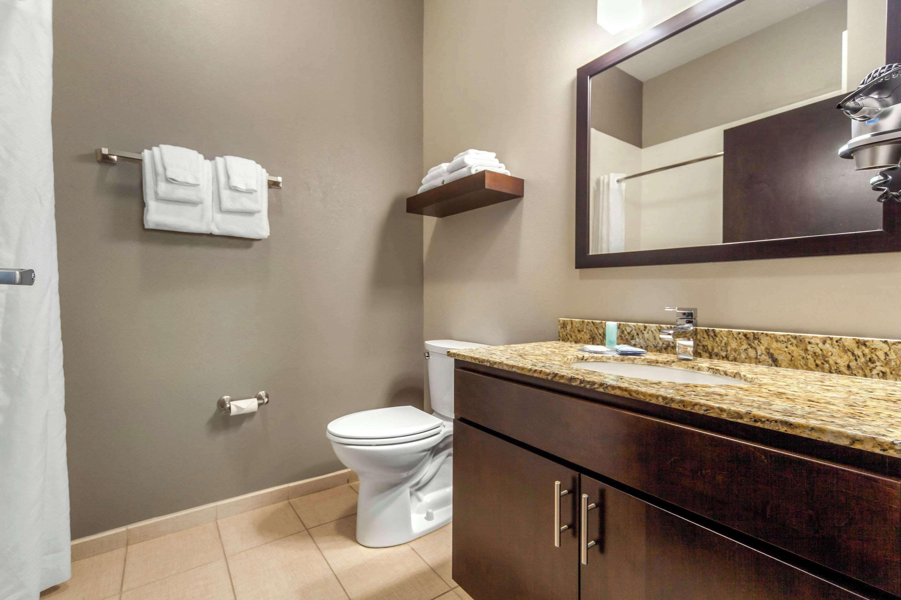 Un baño con inodoro, lavamanos, espejo, toallero y un armario de madera.