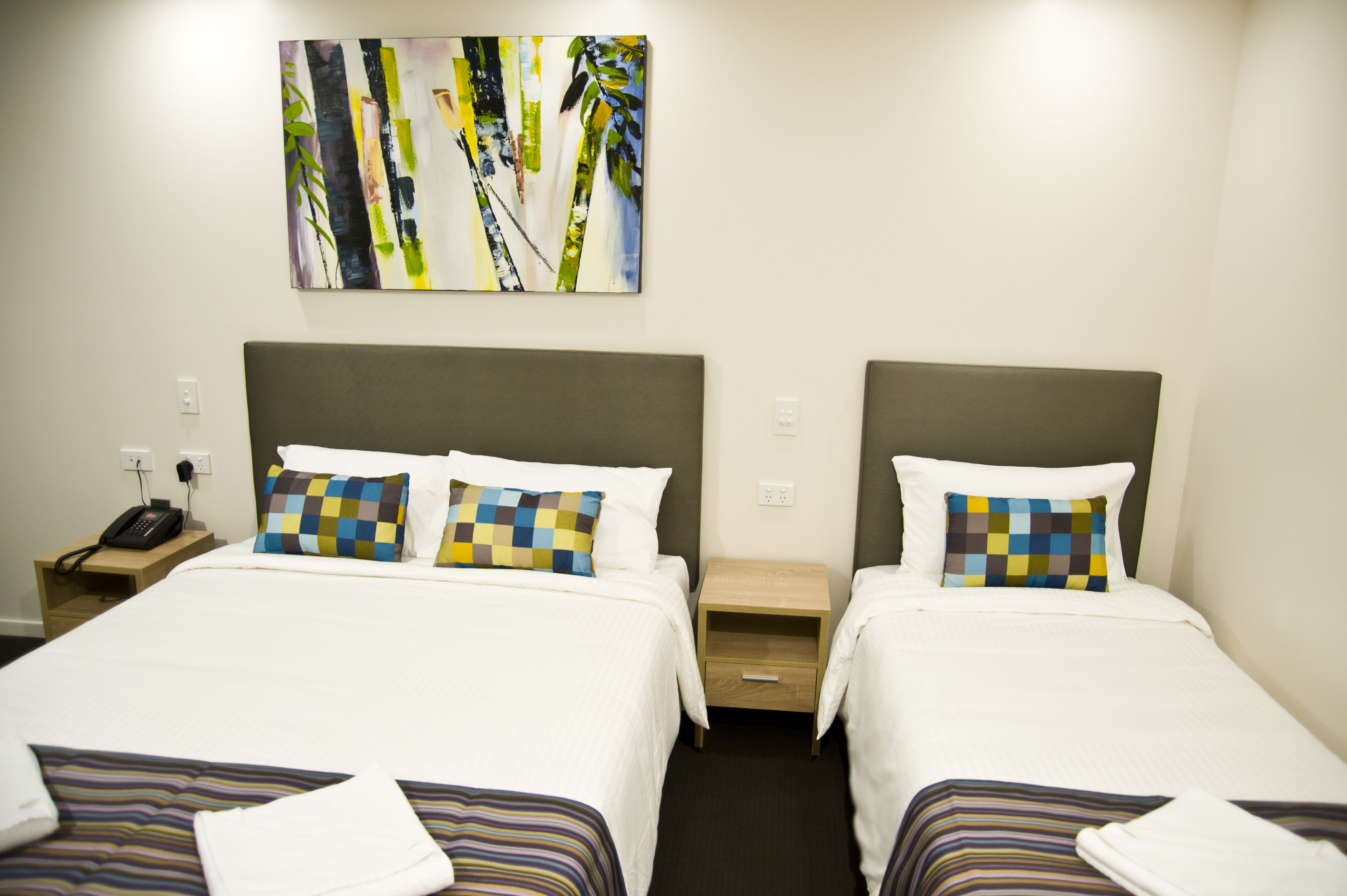 A hotel room with two beds, each with a checkered pillow, a bedside table with a phone, and a wall-mounted painting.