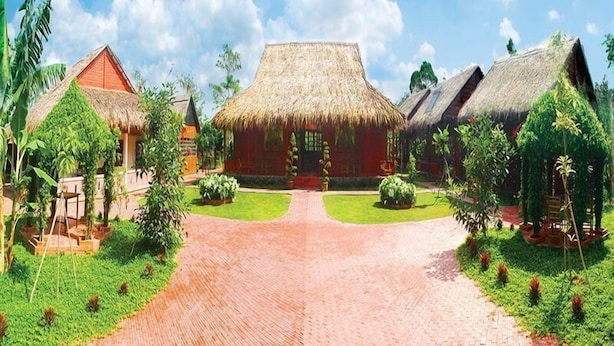 Un sendero conduce a un edificio con techo de paja rodeado de abundante vegetación y construcciones más pequeñas.
