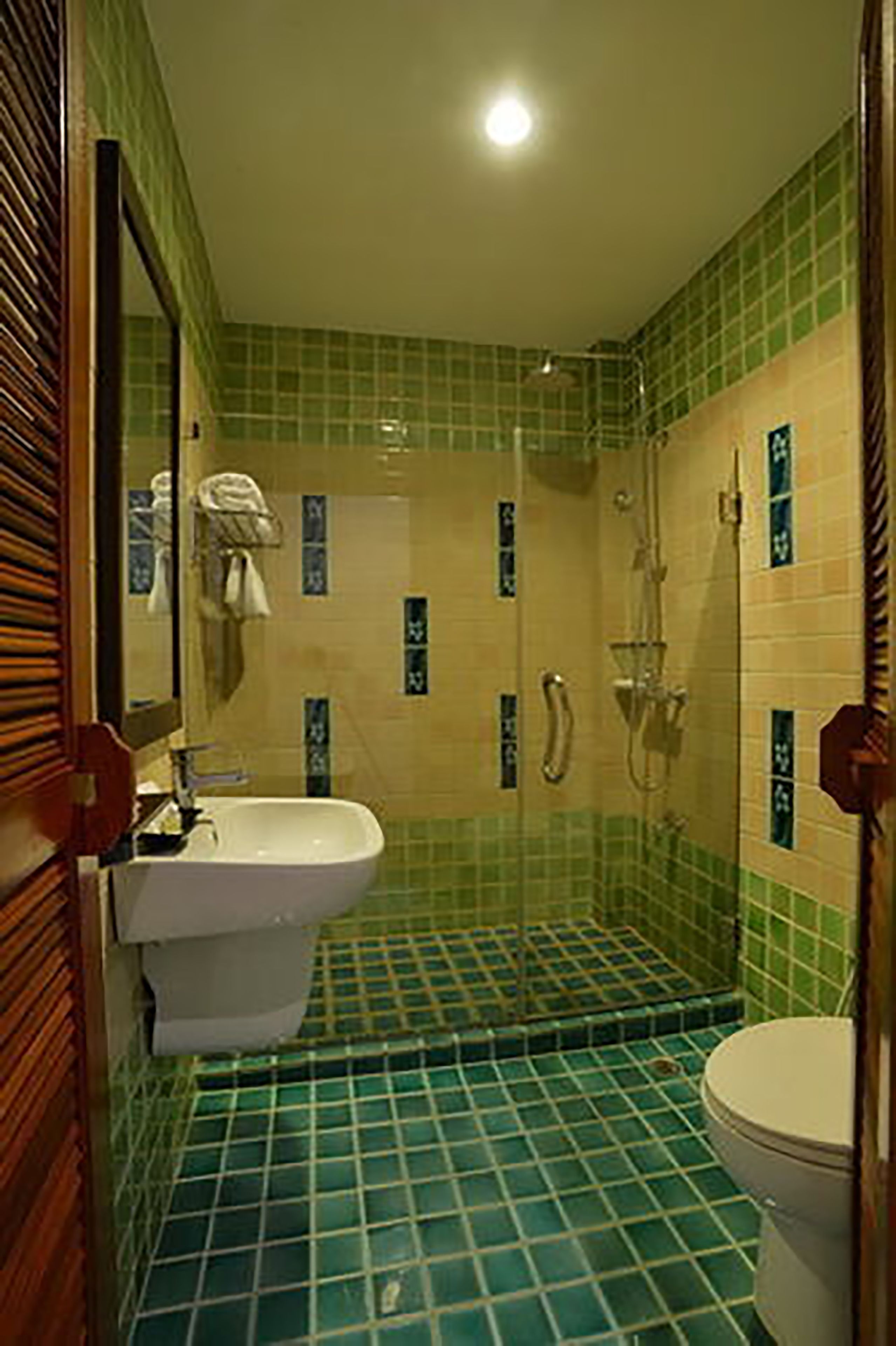 deluxe double room | bathroom | shower, rainfall showerhead, hair dryer, towels