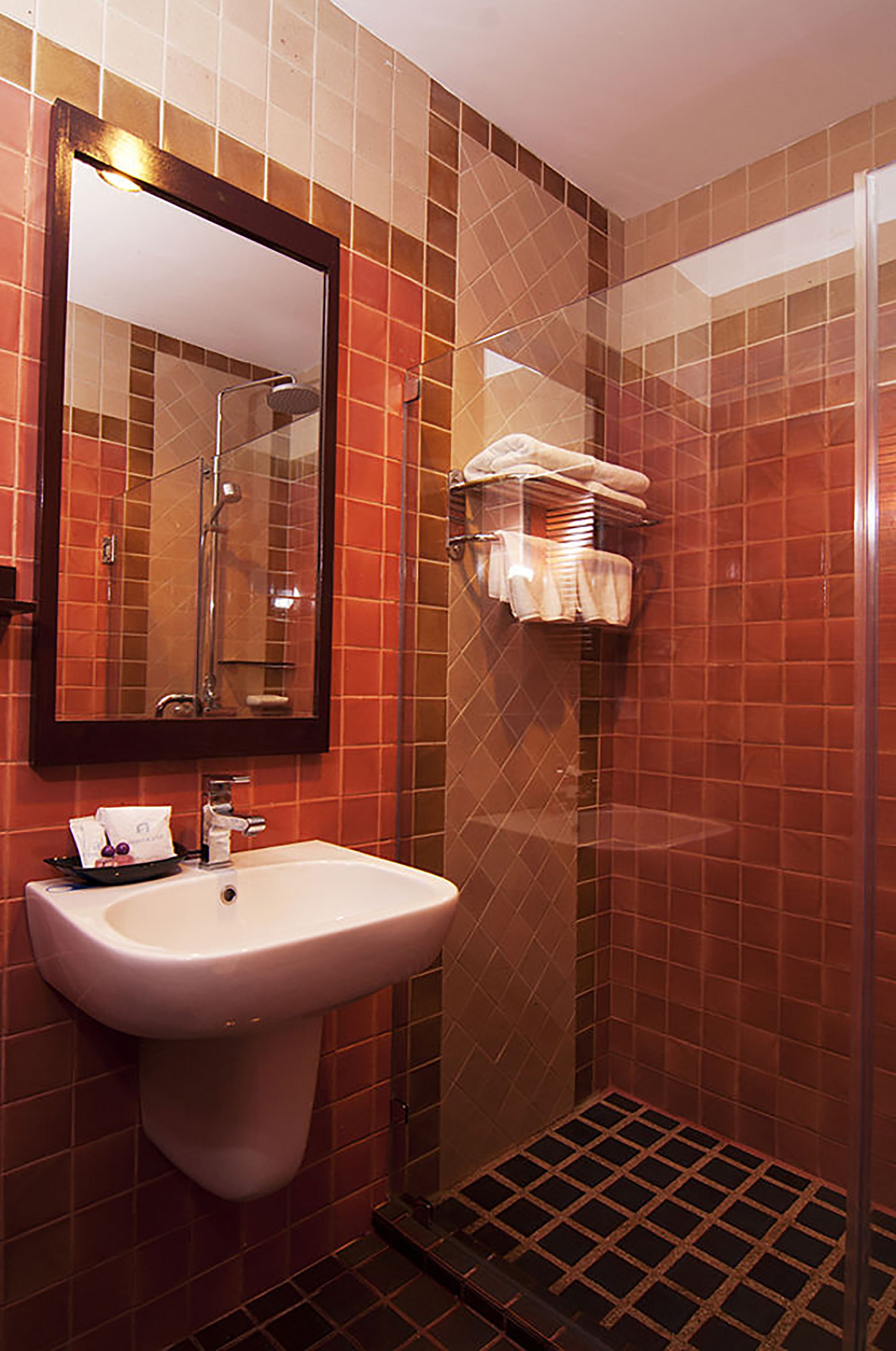 deluxe double room | bathroom | shower, rainfall showerhead, hair dryer, towels