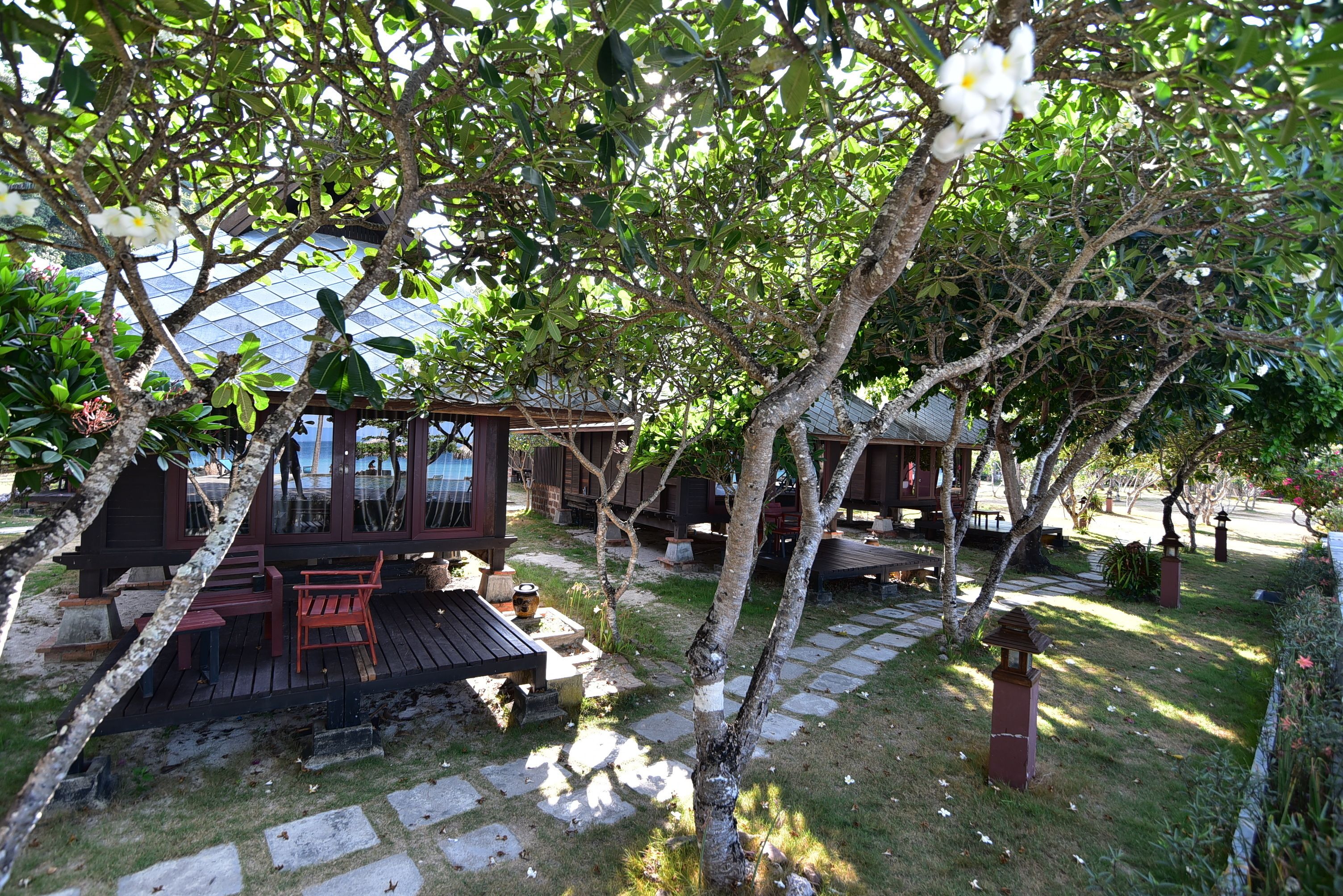 Eine Holzterrasse mit Sitzgelegenheiten, umgeben von üppiger Vegetation und Bäumen.