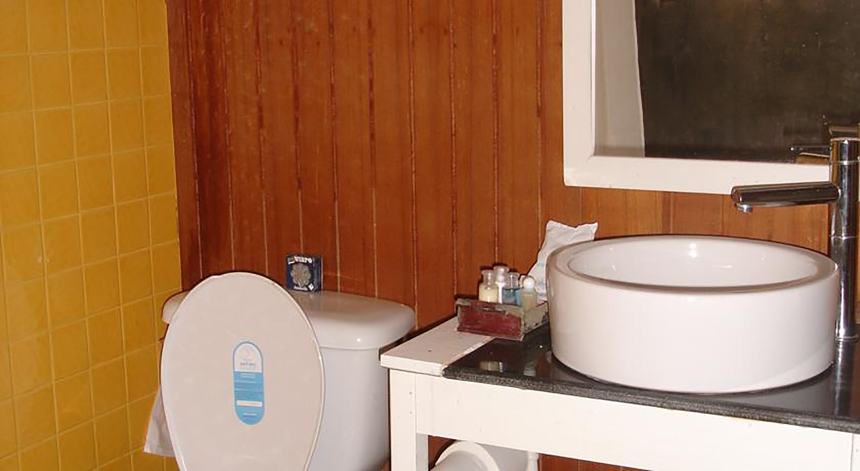 A bathroom with a toilet, sink, and mirror.