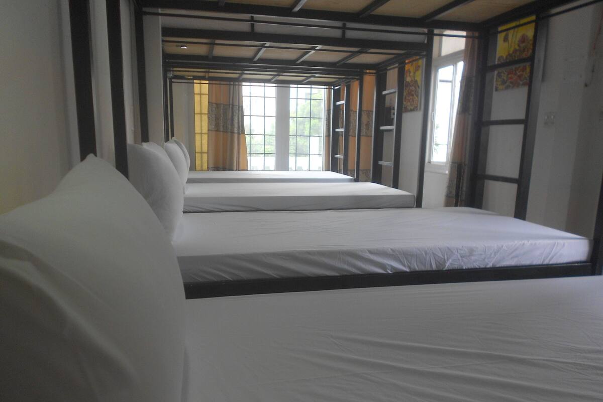 A room with two beds, a window, and a door.