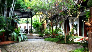 A covered garden area with a gravel path, potted plants, and a wooden pergola. - Ganesha House (Chiang Mai)