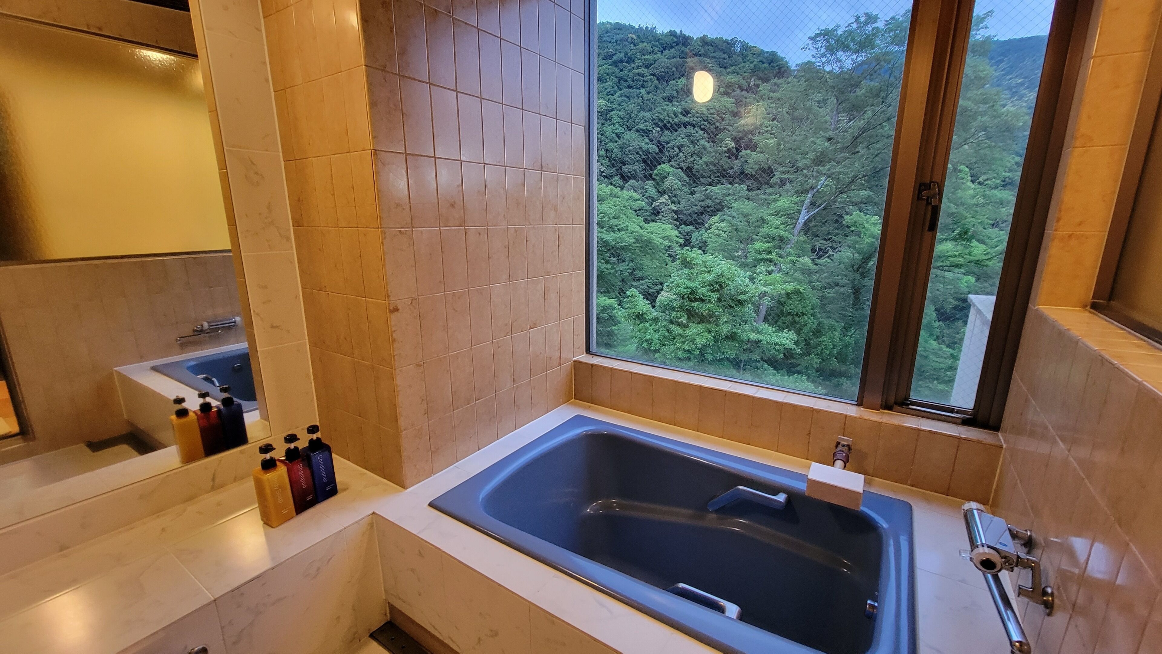Un baño con una bañera grande, una ventana con vista a un bosque y artículos de aseo en la encimera.