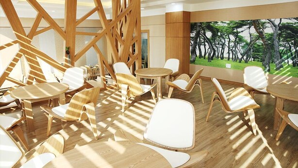 A modern interior with wooden furniture and a large painting of trees. - Arisu Gyeongju (Gyeongju)
