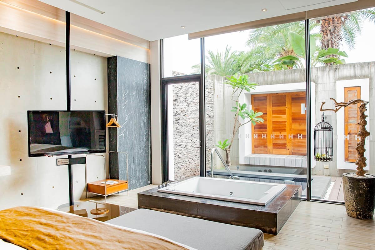 A modern bedroom with a large bed, a TV, a bathtub, and a view of the outdoors.