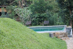 A landscaped area with a swimming pool, stone steps, and two benches. - The Country House (Galle)