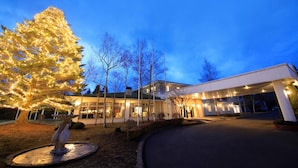 A modern hotel entrance with a well-lit facade, a large illuminated tree, and a statue in the foreground.