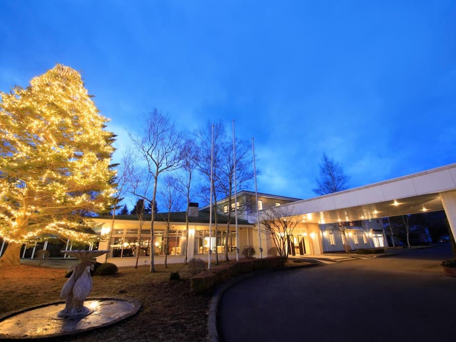 A modern hotel entrance with a well-lit facade, a large illuminated tree, and a statue in the foreground.