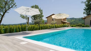 Seasonal outdoor pool, pool umbrellas