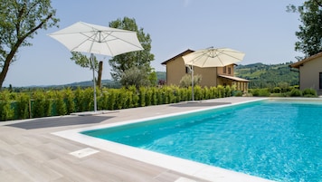 Seasonal outdoor pool, pool umbrellas