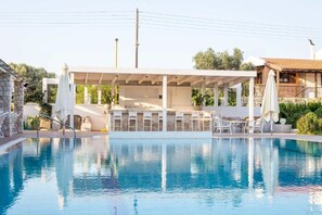 Outdoor pool, open 10:00 AM to 7:00 PM, pool umbrellas, pool loungers