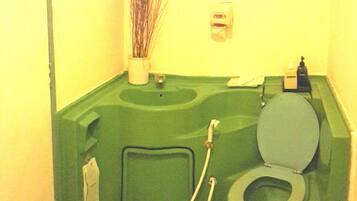 Un baño pequeño y verde con inodoro, lavabo y ducha.