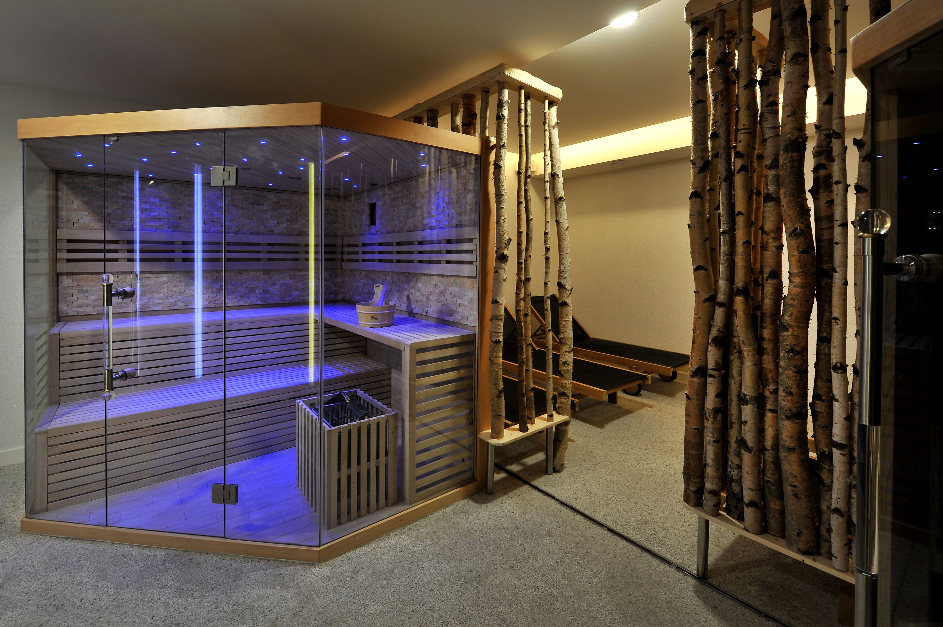 Un espace de bien-être moderne doté d’une paroi en verre, d’un banc en bois et d’une installation décorative en bois de bouleau.