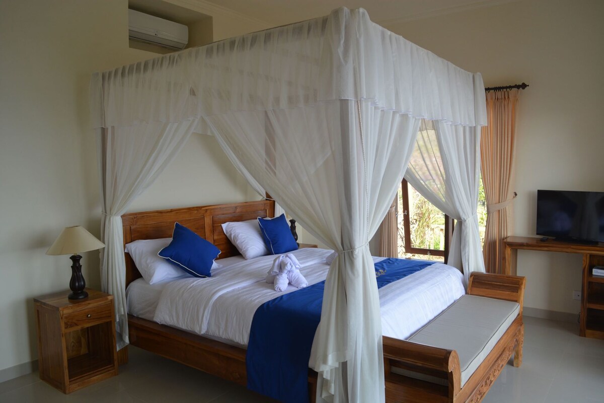 A four-poster bed with white drapes, a wooden nightstand, a television, and a window with curtains.