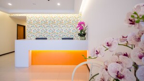 A reception area with a white reception desk, a patterned wall, and a potted orchid. - 118 Hotel Macalister (George Town)