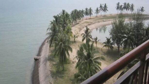 A coastal view with a sandy beach, palm trees, and a calm sea. - Paradise Lagoon Apartment (Port Dickson)