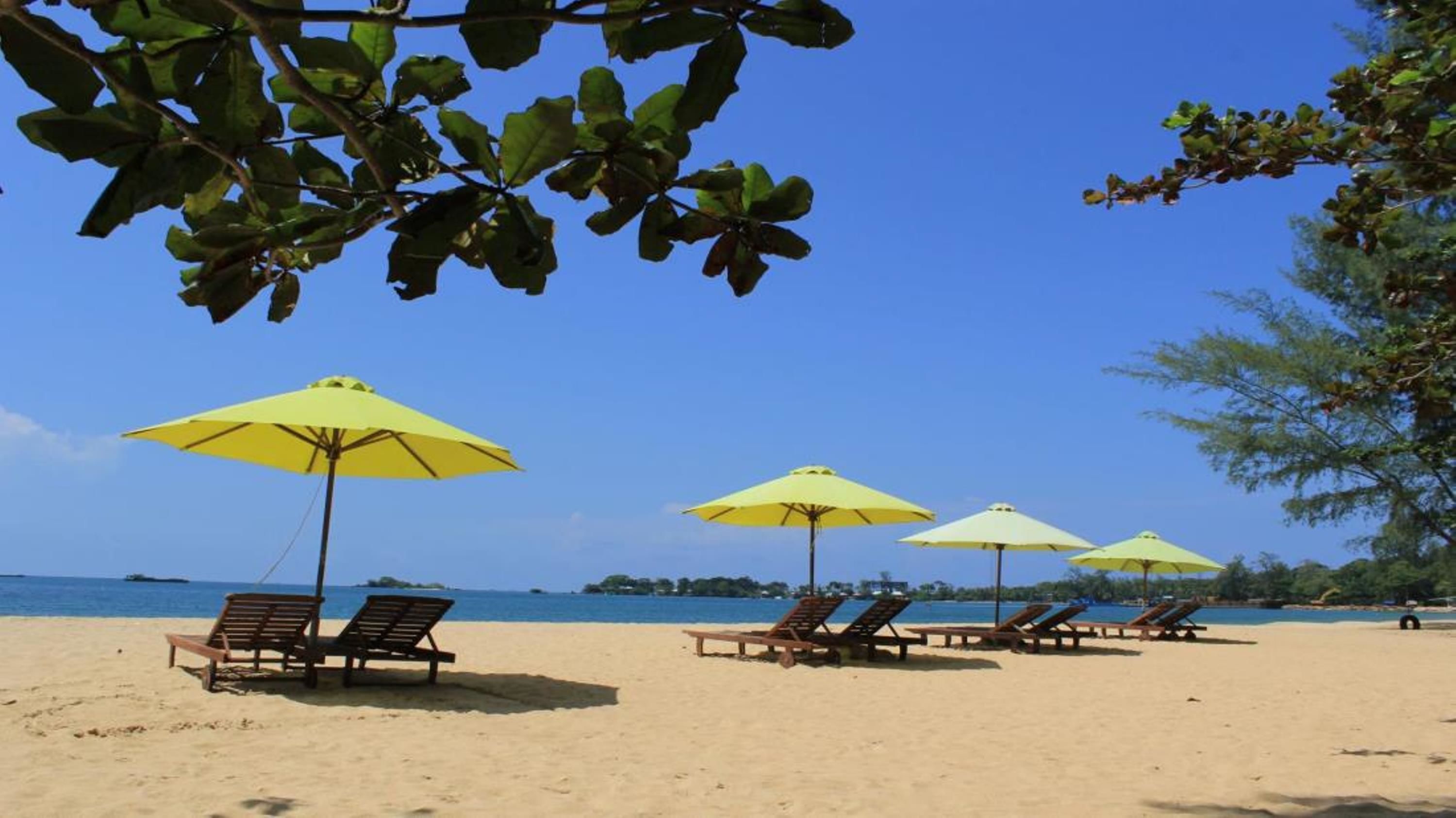 Une plage avec des chaises longues et des parasols jaunes.