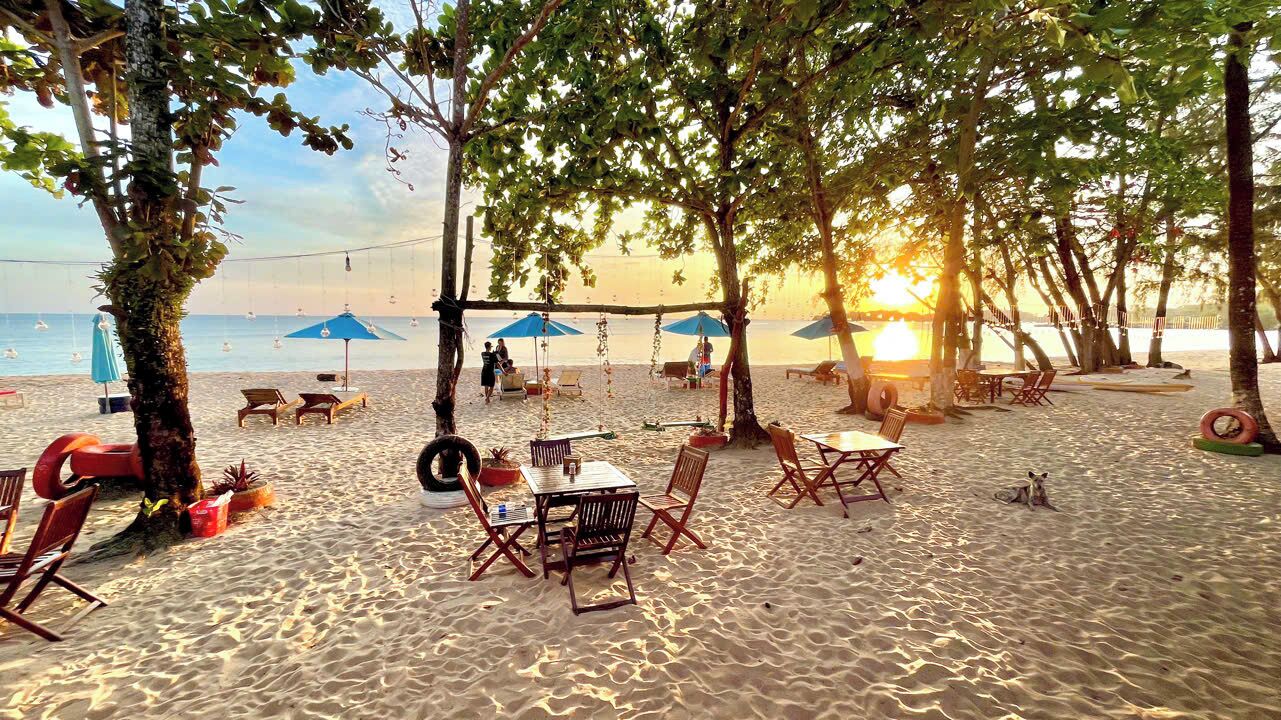 A beachside setting with tables and chairs under trees, a volleyball net, and umbrellas.
