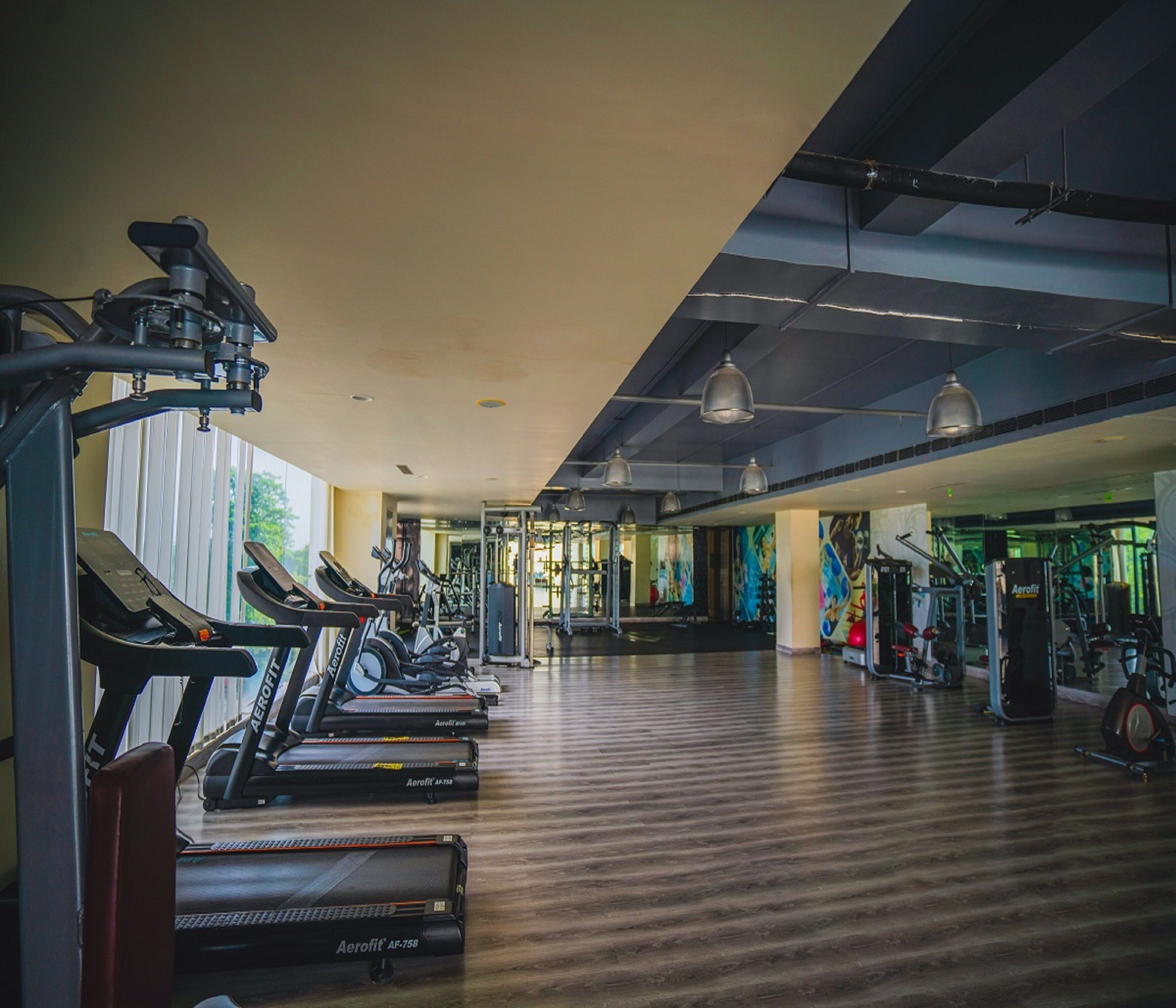 A gym with treadmills, weight machines, and a mirrored wall.