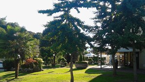 Un jardin bien entretenu, avec un chemin pavé, une pelouse soigneusement tondue et divers arbres.