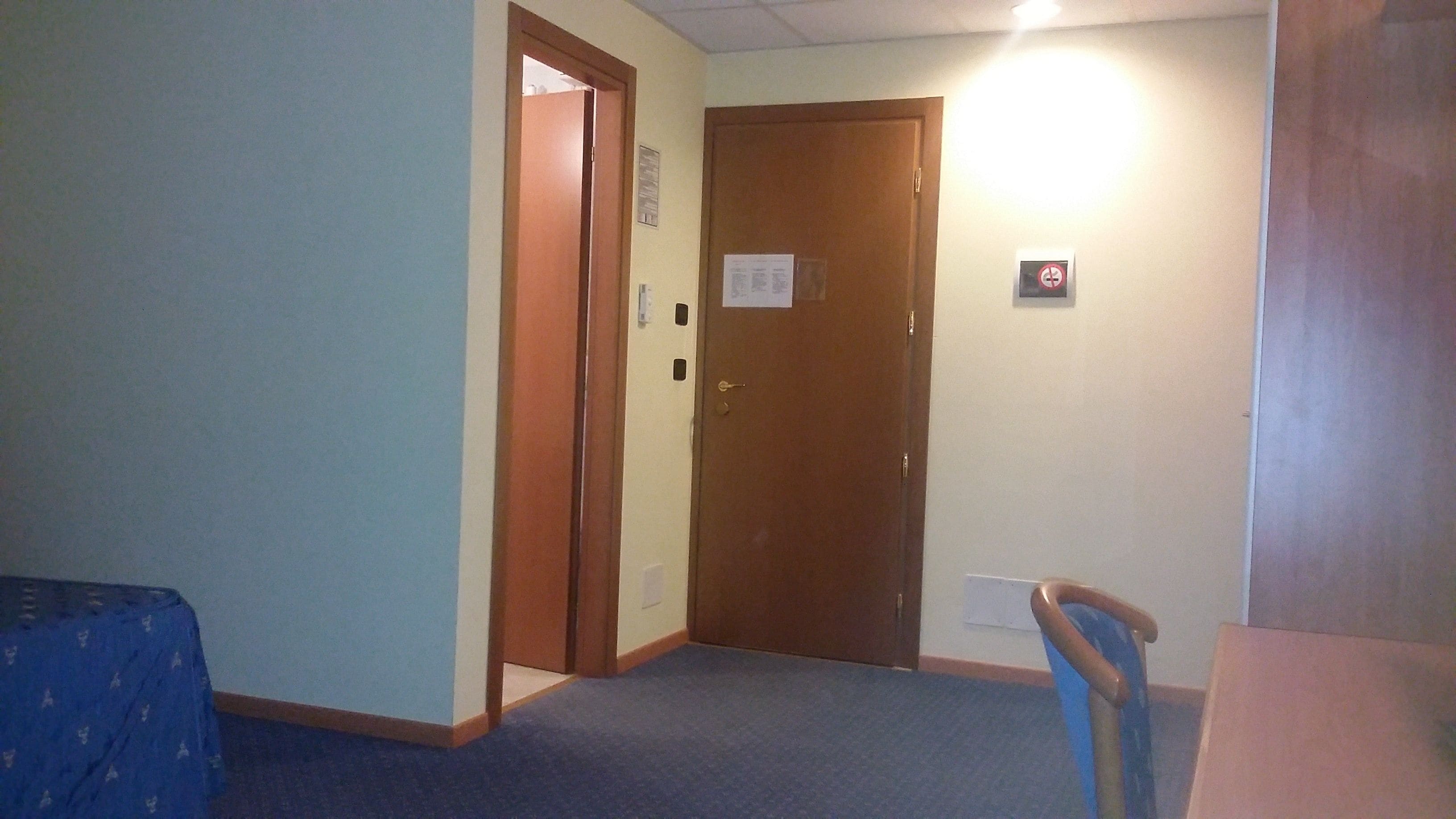 A hallway with a blue carpet, a wooden door, and a blue chair.