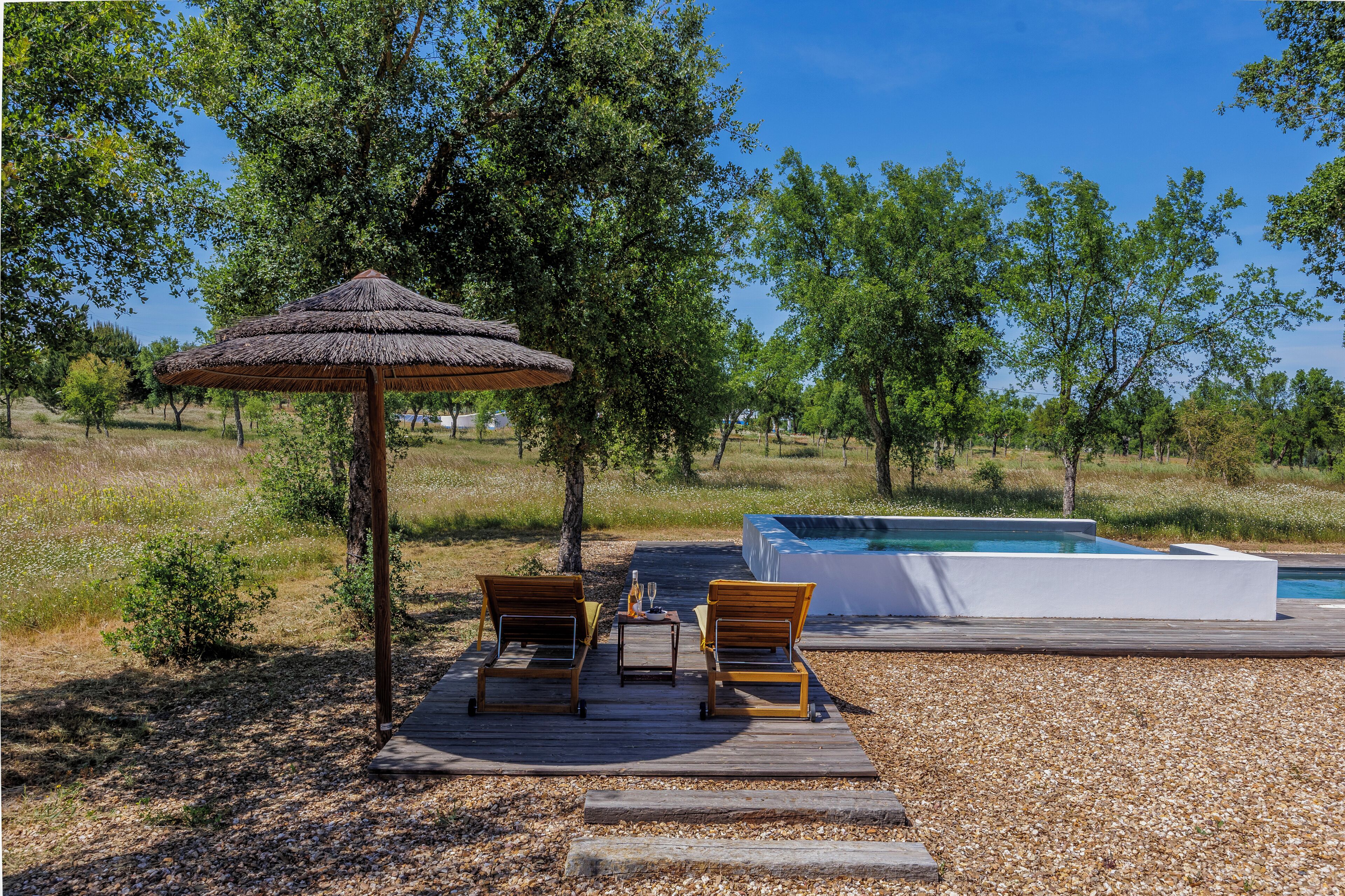 A wooden deck with two lounge chairs and a thatched umbrella, a hot tub, and a pool in a natural setting.