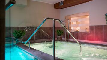 Ein Wellnessbereich mit Whirlpool, Metallgeländern und Blumentöpfen.