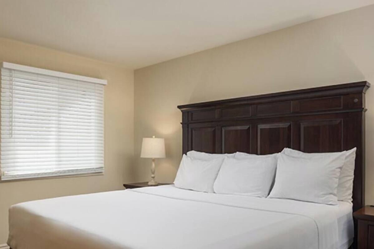 A hotel room with a large bed, a nightstand with a lamp, and a window with blinds.