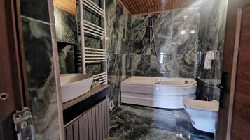 Deluxe Double Room, Hot Tub, City View | Bathroom | Free toiletries, hair dryer, slippers, towels