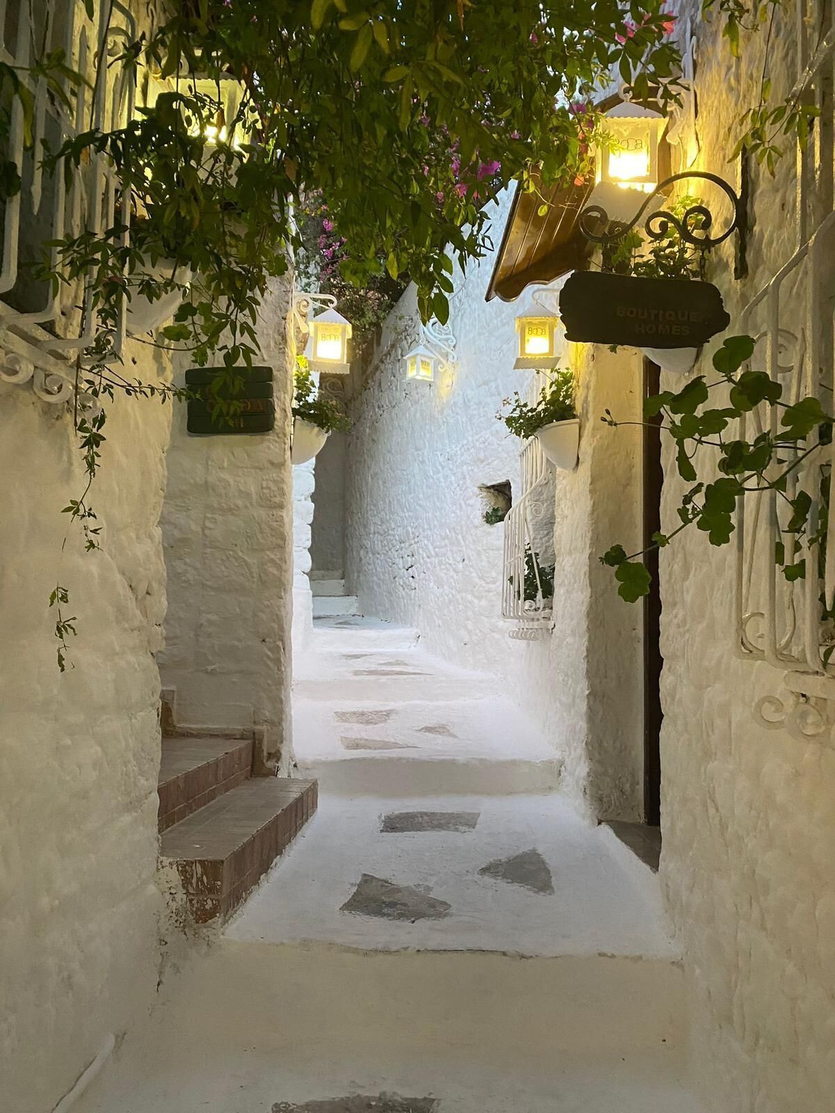 A narrow alleyway with white walls and steps leading to a building.