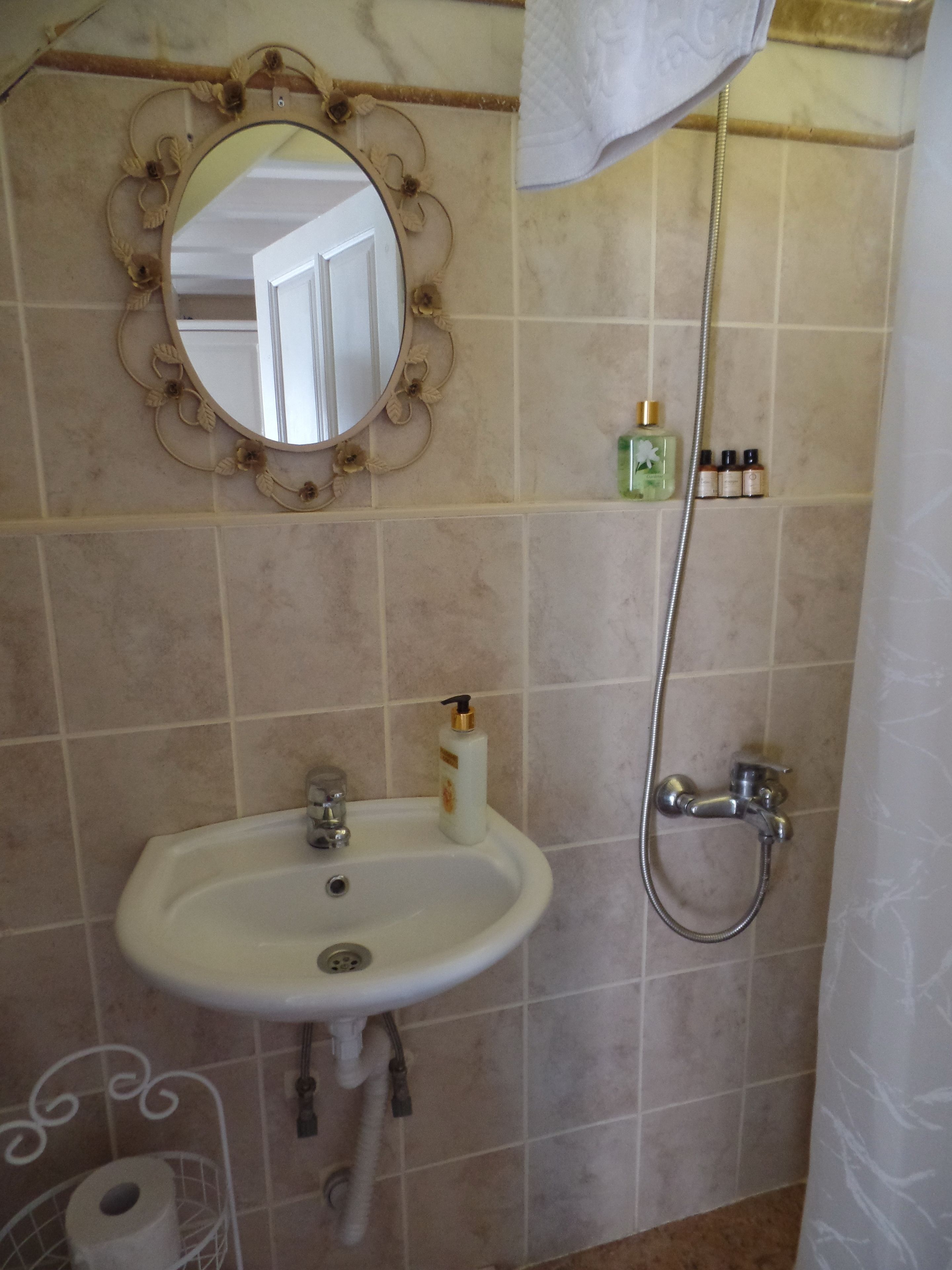 A bathroom with a white sink, a mirror with a floral frame, a shower, and a towel hanging on the wall.