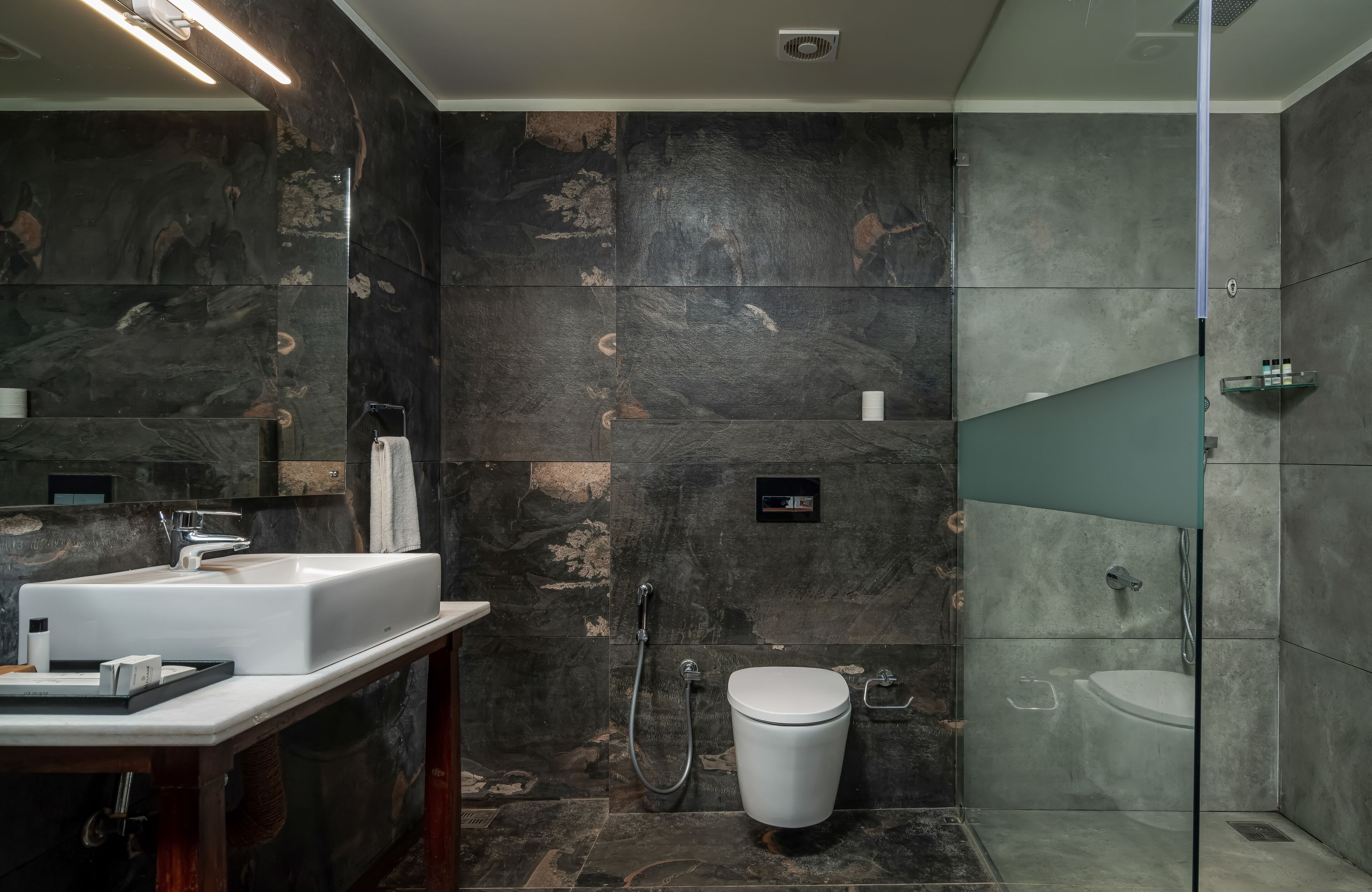 A modern bathroom with a large sink, a toilet, and a shower area.