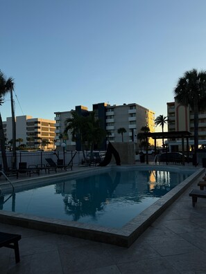 Outdoor pool, pool umbrellas, sun loungers
