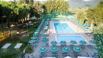 Seasonal outdoor pool, sun loungers