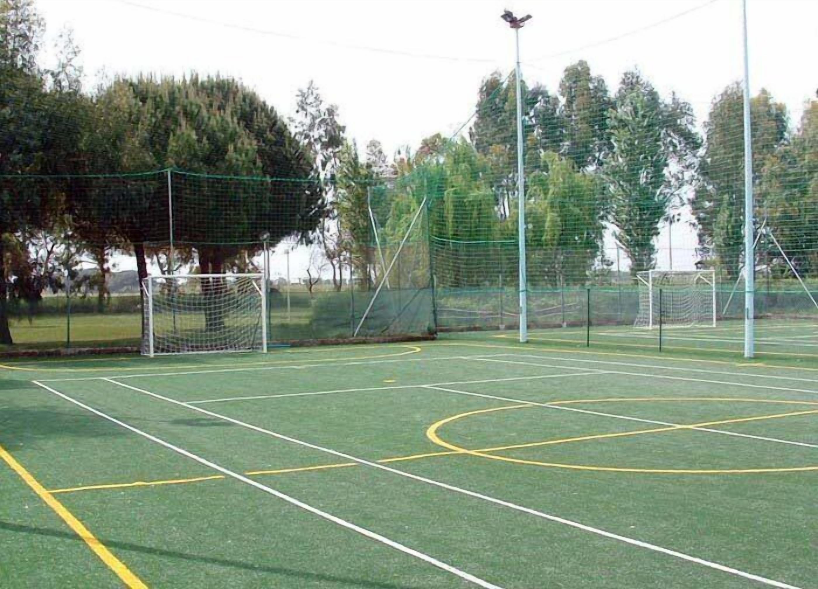 Een lege tennisbaan met twee doelen, omringd door bomen en een hek.
