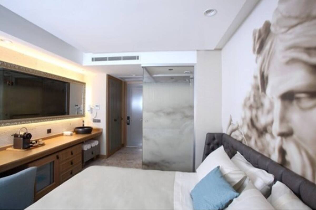 A modern bedroom with a large bed, a flat-screen TV, a marble wall, and a shower area.