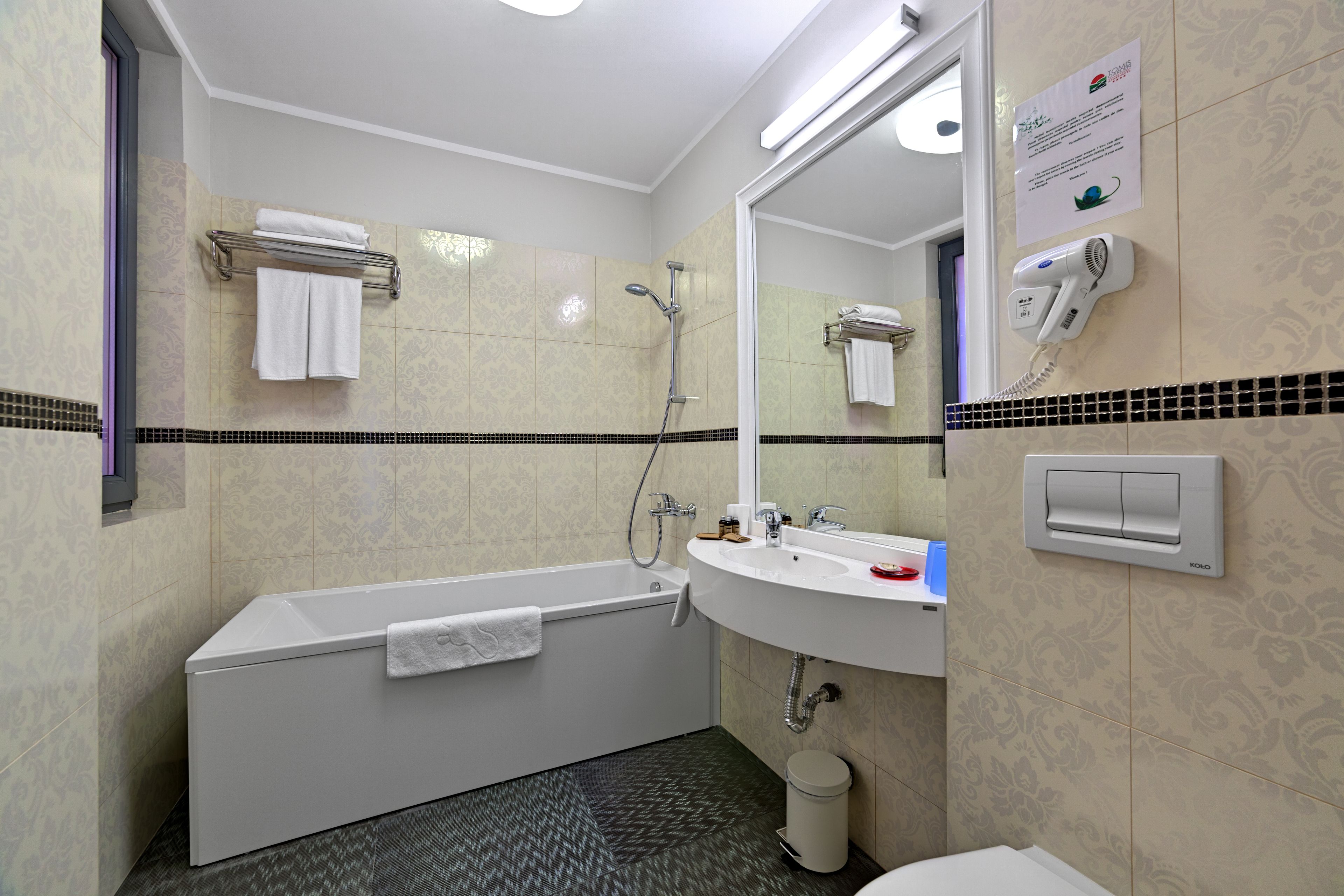 Une salle de bain moderne avec une baignoire, un lavabo et un miroir.