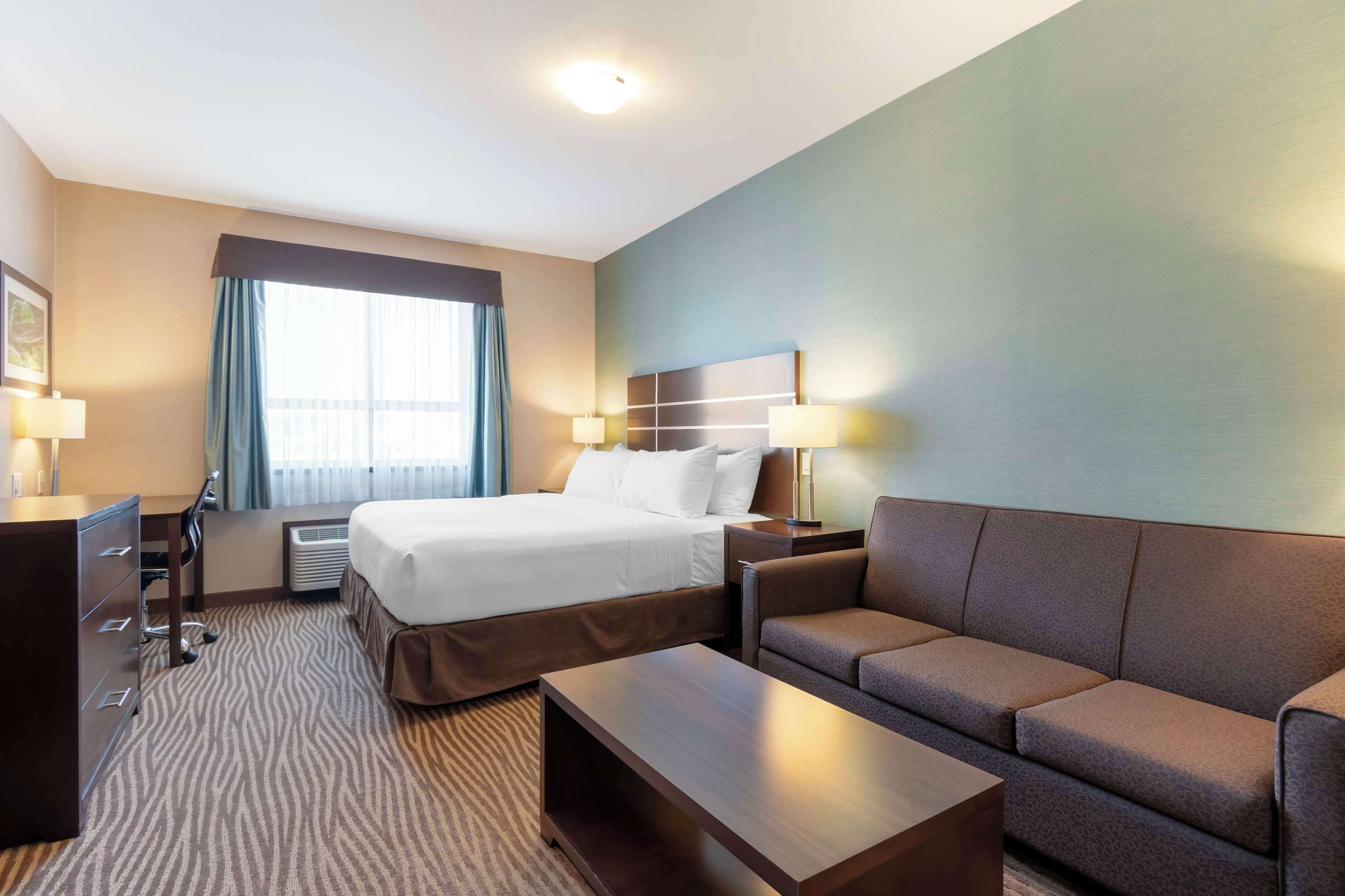 Una habitación de hotel con cama, sofá, escritorio y lámpara.