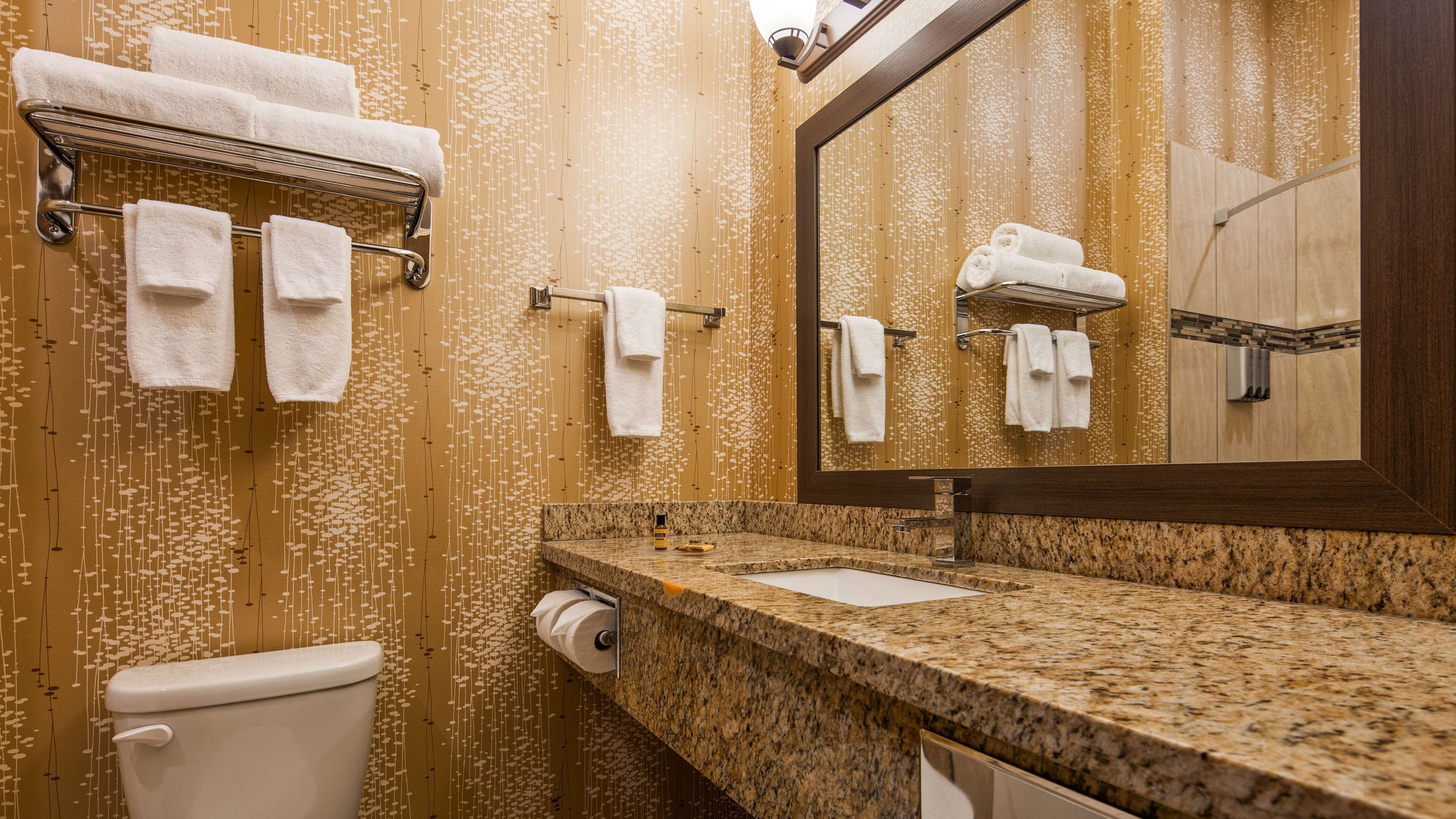 A bathroom with a granite countertop, a toilet, and a mirror with a wooden frame.
