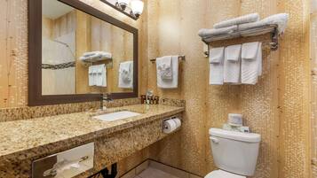 Une salle de bain avec un comptoir en granit, un lavabo, un miroir, des toilettes et des serviettes suspendues à un porte-serviettes.