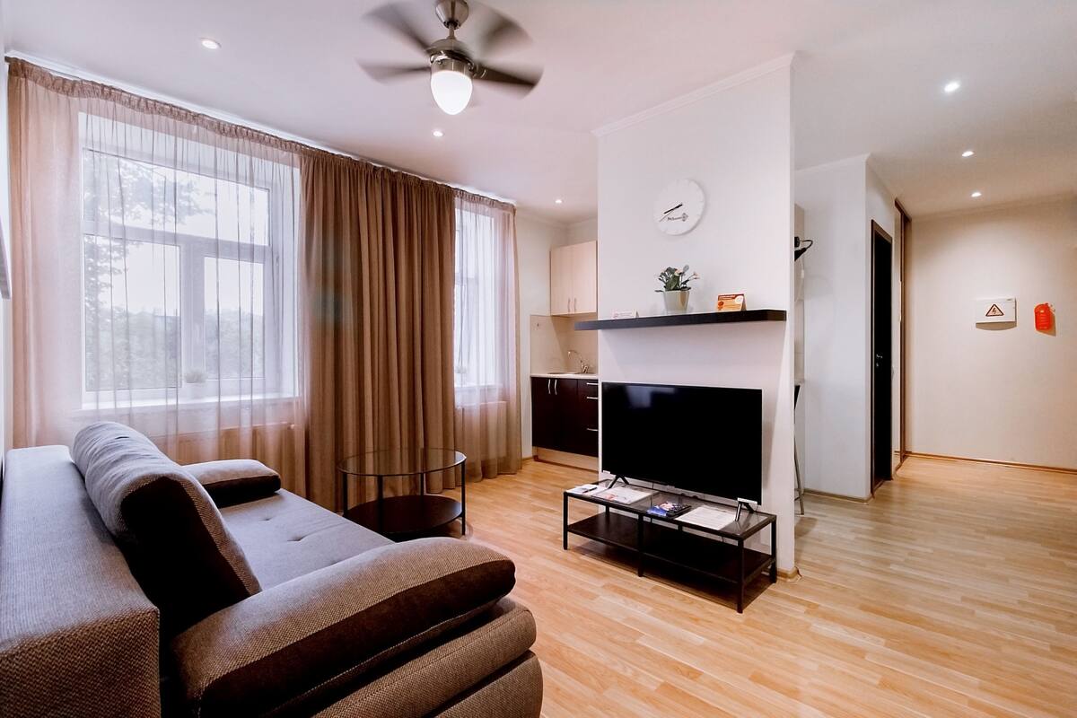 A modern living room with a sofa, TV, and fireplace.