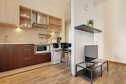 Business Apartment, 1 Bedroom, Kitchen | Private kitchen | Fridge, microwave, coffee/tea maker, electric kettle