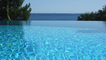 Una piscina al aire libre, sombrillas, sillones reclinables de piscina