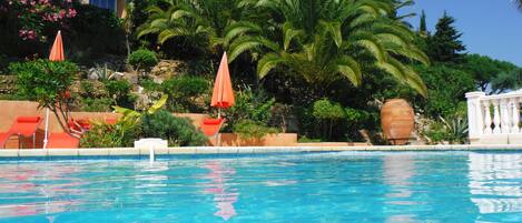 Una piscina azul cristalina con sillas de descanso y sombrillas, rodeada de exuberante vegetación y un edificio con balcones.