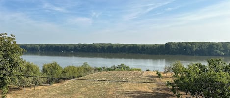 A view of a lake with a paved walkway and trees in the foreground.