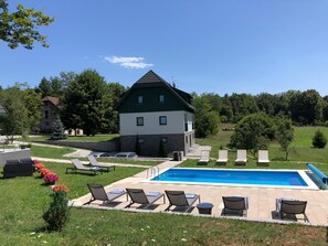 Seasonal outdoor pool, pool umbrellas, pool loungers